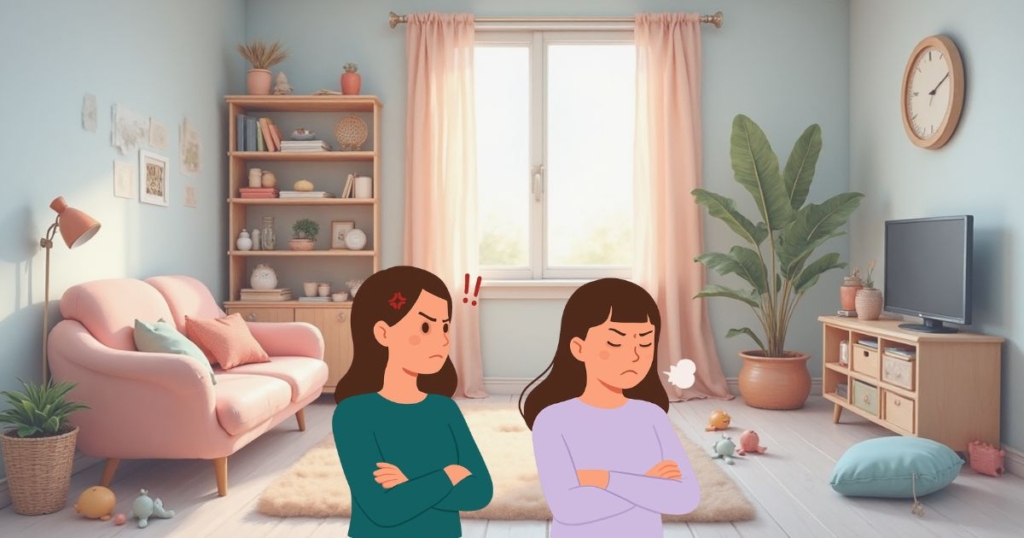 反抗期の子どもと向き合って悩むママがリビングで向かい合っているイラスト。親子関係をラクにするためのヒントを伝える記事のアイキャッチ。