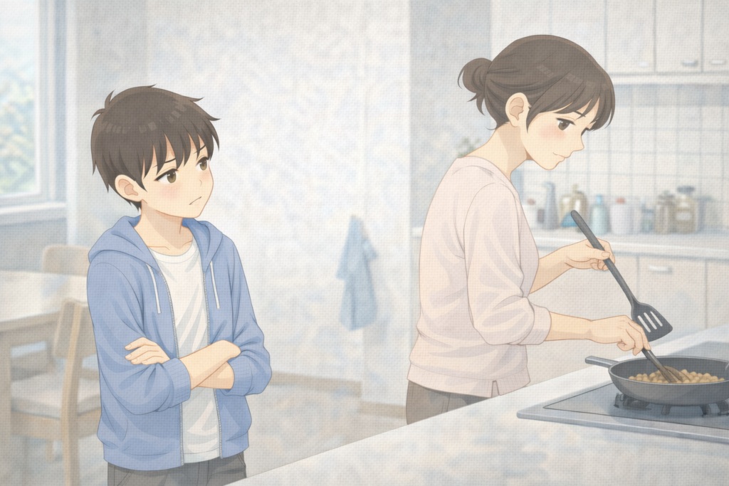 話しかける子どもに向き合わず、家事を続ける親の対応を表した場面。