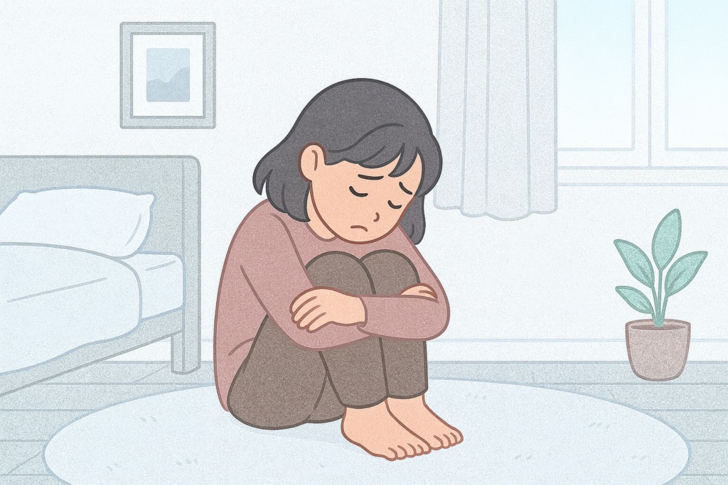 反抗期に孤独や不安を抱え、部屋でうずくまる子どものイラスト。