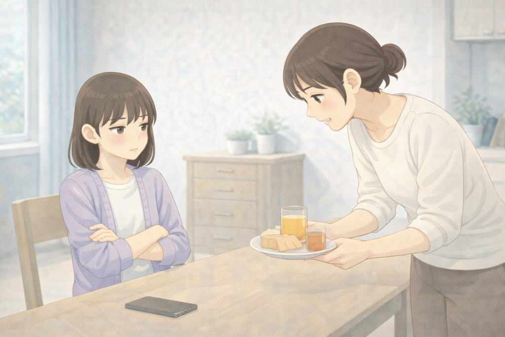 反抗期の子どもに飲み物やお菓子を出している親の姿