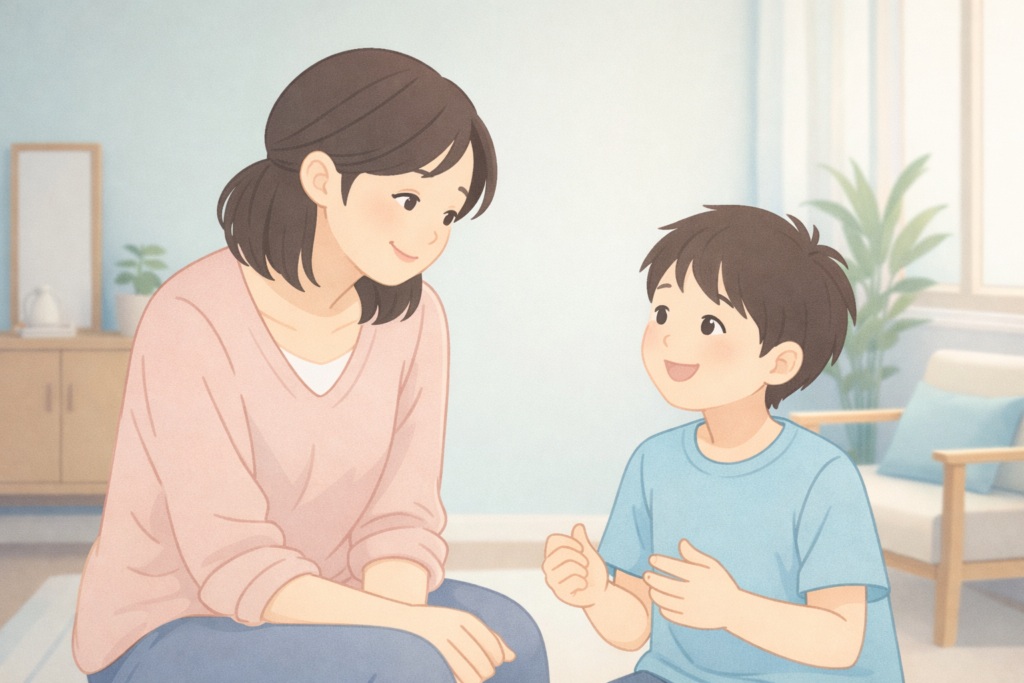 反抗期の子どもの話を穏やかに聞く母親と子どものイラスト。
