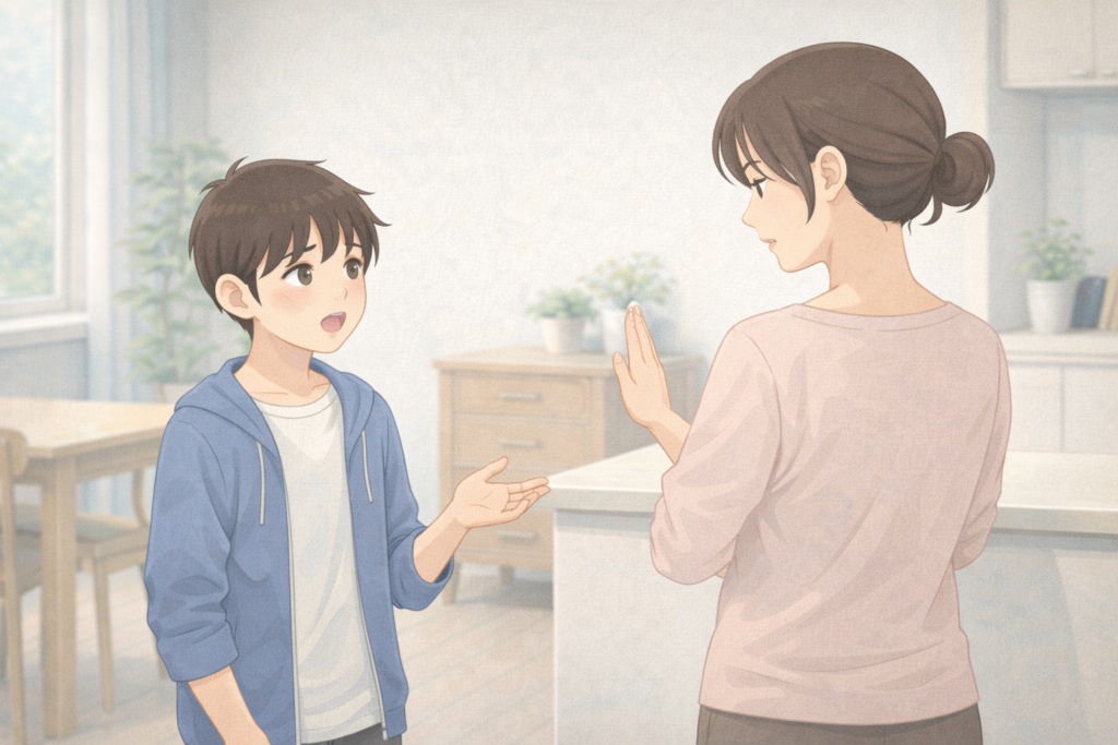 反抗期の子どもの話を途中で遮る親の対応を表したイラスト。