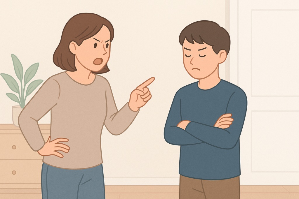 親が感情的に叱り、子どもが心を閉ざしている反抗期の場面。