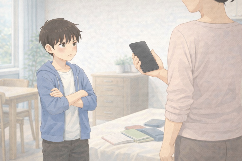 反抗期の子どもにスマホを突きつけて注意する親と、反発する子どもの様子。