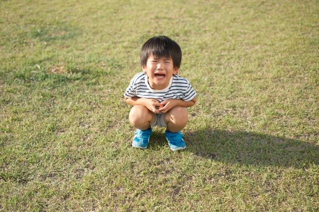 公園で泣きしゃがみ込み、気持ちをうまく表現できない子どもの姿。
