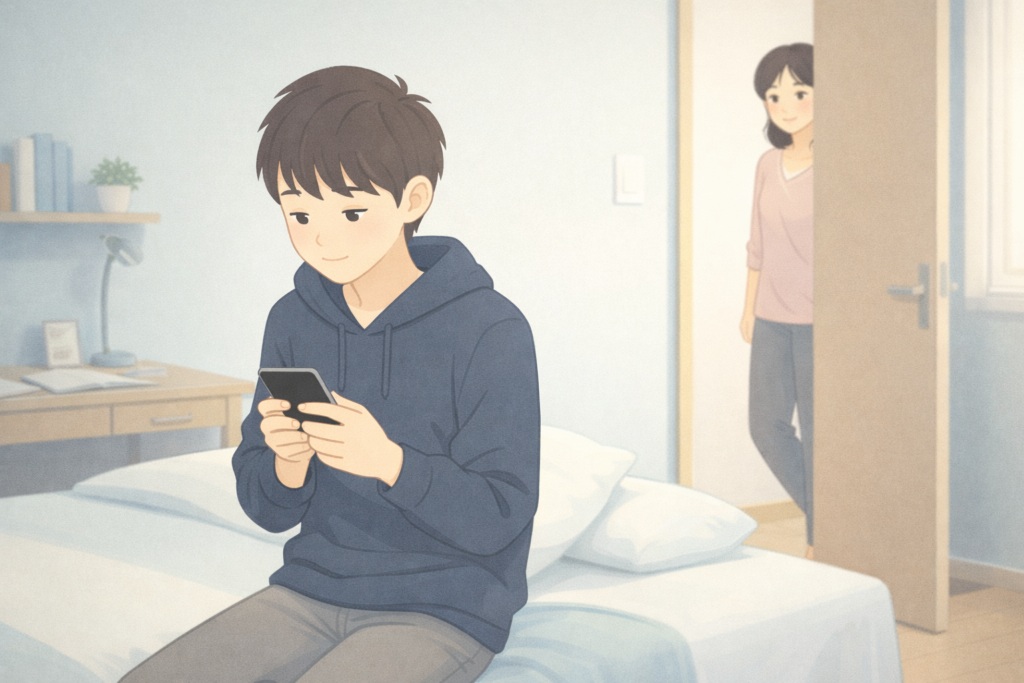 部屋でスマホを見る反抗期の子どもと、そっと見守る母親の様子。