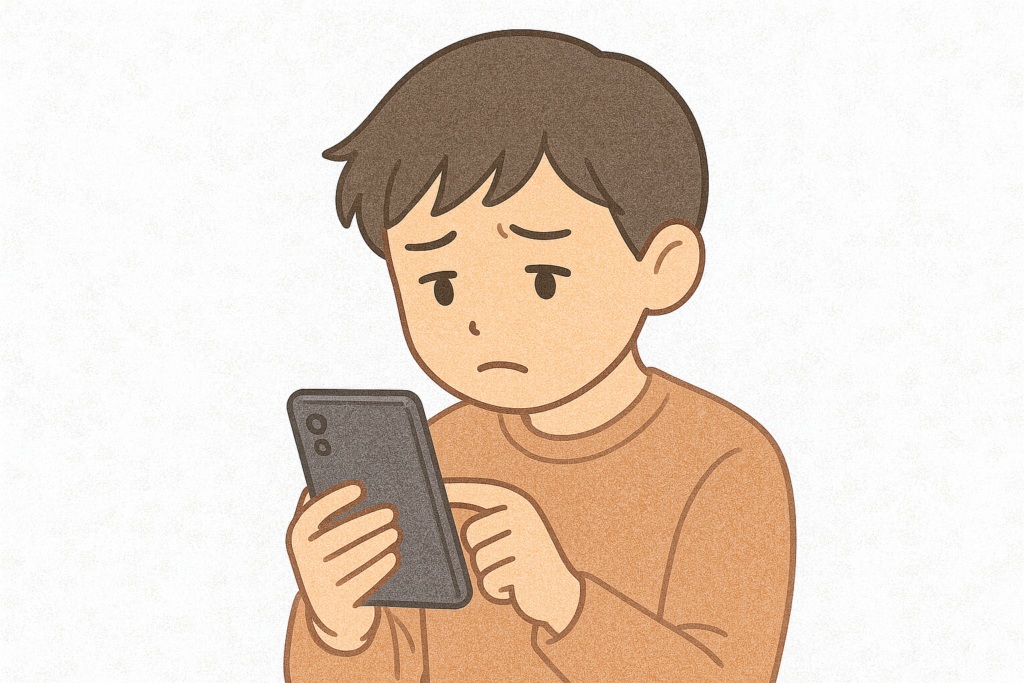 スマホを見ながら不安そうな表情をする思春期の子どものイラスト。