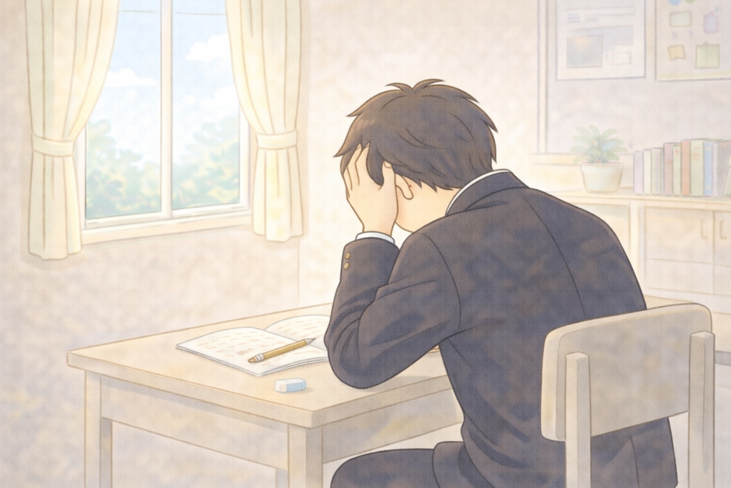 睡眠不足で頭が働かず悩んでいる中学生の男の子の後ろ姿のイラスト