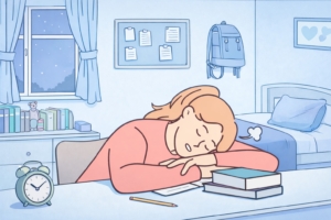 睡眠不足で机に突っ伏してしまい勉強に集中できない中学生の女の子のイラスト