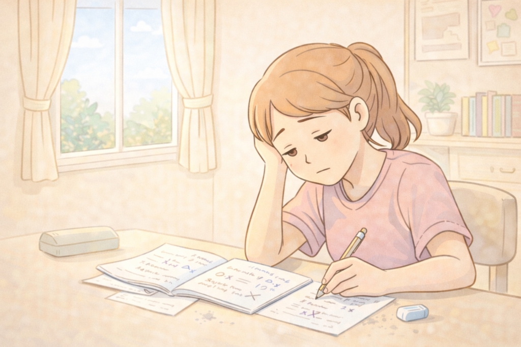 睡眠不足で勉強に集中できずケアレスミスが増えている中学生の女の子のイラスト