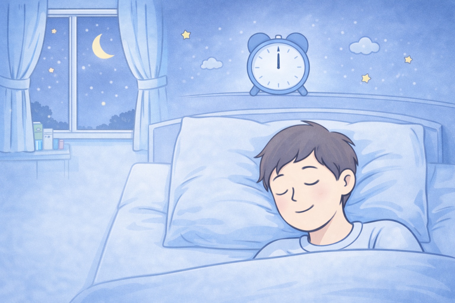 夜遅い時間に安心した表情で眠り、脳と心を休ませている中学生の男の子のイラスト