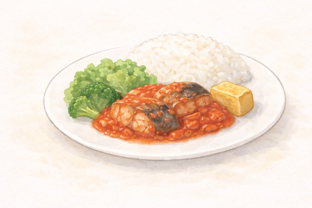 白いプレートにご飯とサバのトマト煮、副菜を盛り付けたバランスのよい食事のイラスト