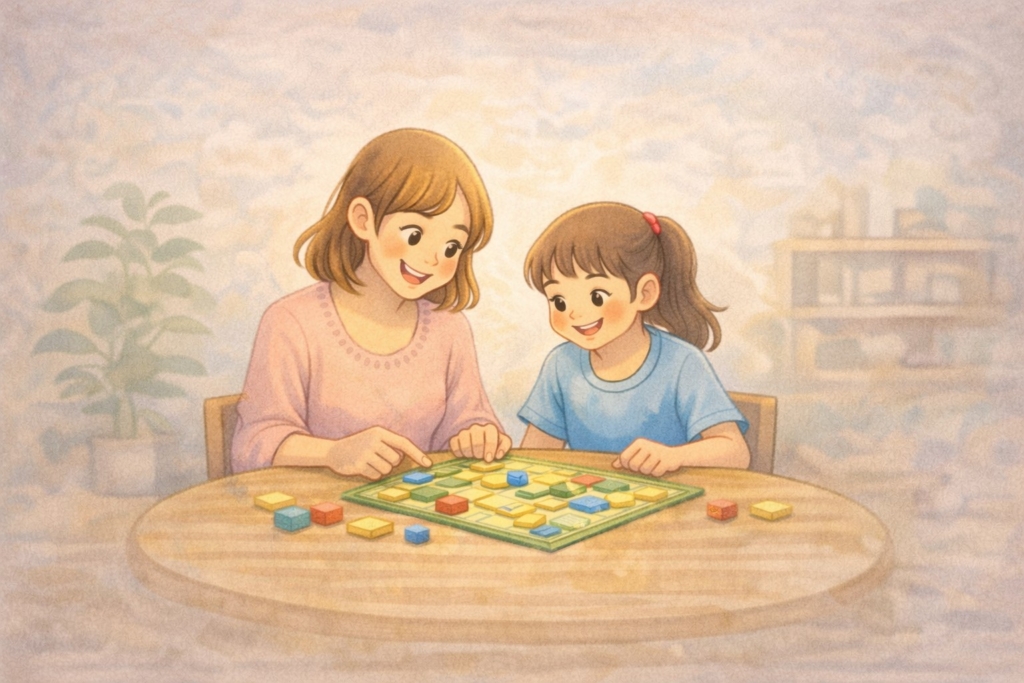 母親と小学生の子どもがボードゲームをしながら考えたり相談したりしている家庭のイラスト