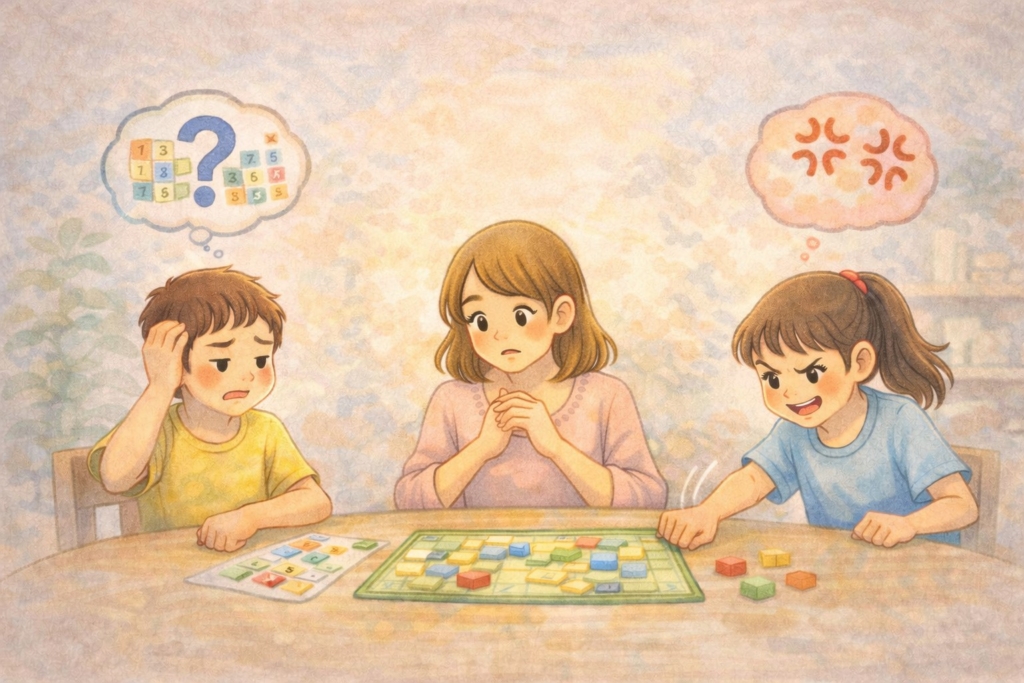 ボードゲーム中に兄弟の意見が分かれて母親が様子を見守っている家庭の場面のイラスト