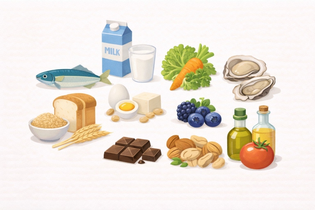 青魚や卵、乳製品、野菜、ナッツなど子どもの食事に取り入れやすいブレインフードのイラスト