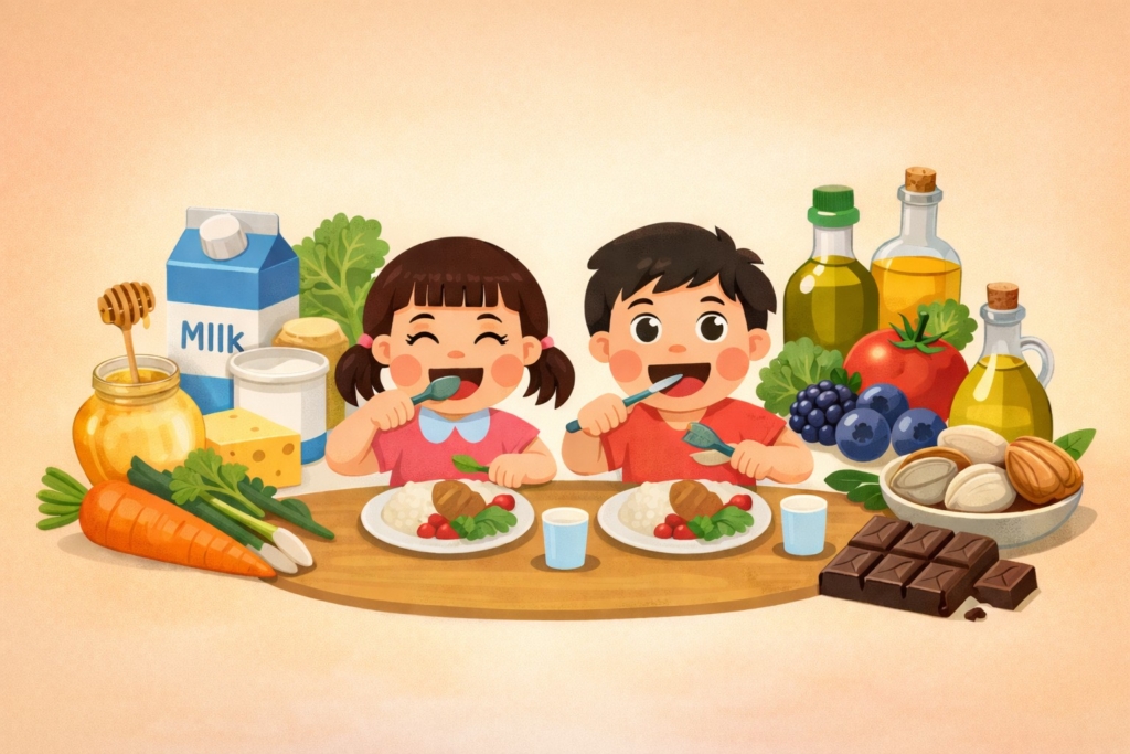 ブレインフードを意識した食事を楽しむ子どもたちと、魚・野菜・乳製品・ナッツなど脳をサポートする食材のイラスト