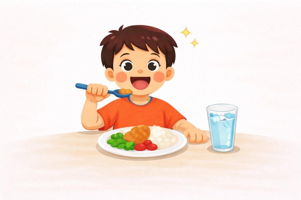 ブレインフードを取り入れた食事で、楽しそうにごはんを食べる子どものイラスト