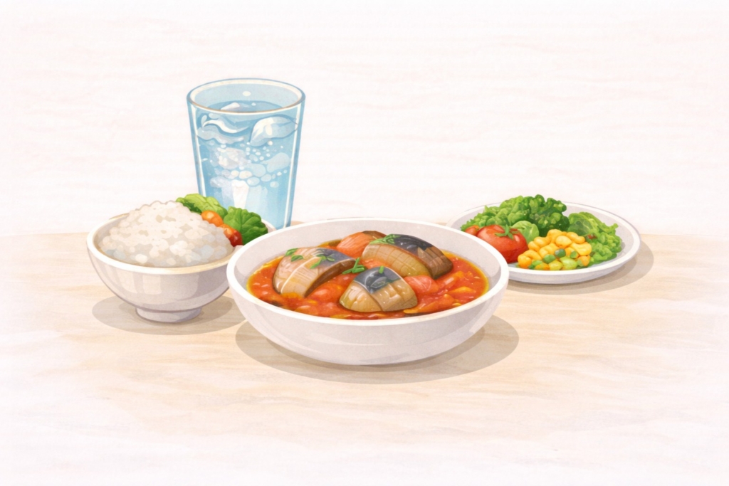 主食・主菜・副菜と水分をそろえた、ブレインフードの食べ方をイメージしたイラスト