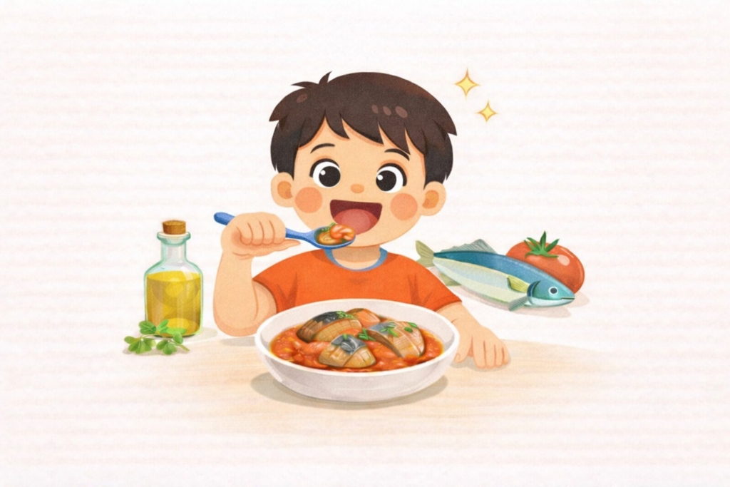 サバのトマト煮を中心にした、ブレインフードを意識したバランスのよい食事のイラスト