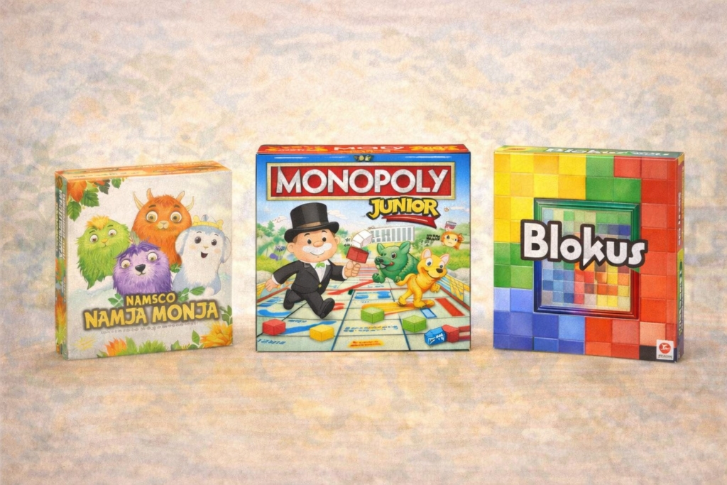 ナンジャモンジャとモノポリージュニアとブロックスを並べて家族向けボードゲームを選んでいるイラスト