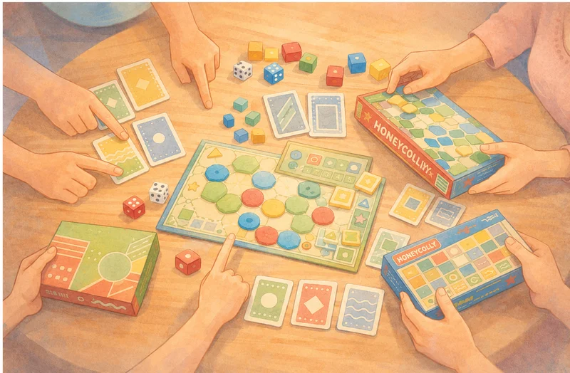 テーブルを囲んで複数のボードゲームやカード、サイコロを広げて遊んでいる様子