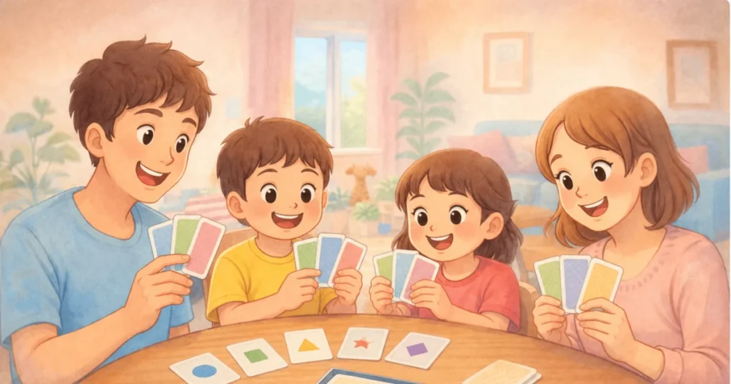 家族4人でカードゲームを楽しみながら笑顔で会話している様子