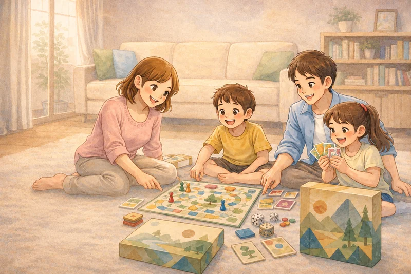 リビングで家族4人がボードゲームやカードを囲んで遊んでいる様子