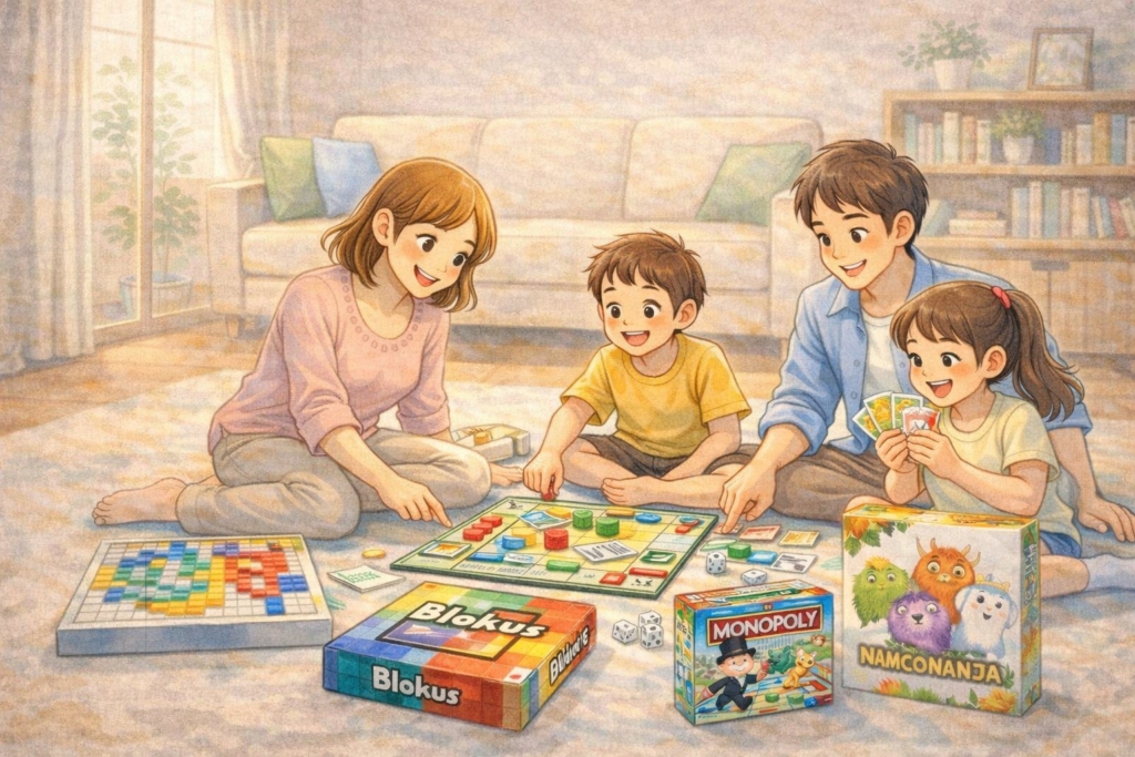 リビングの床に座った家族がボードゲームを囲んで長期休みの時間を楽しんでいるイラスト