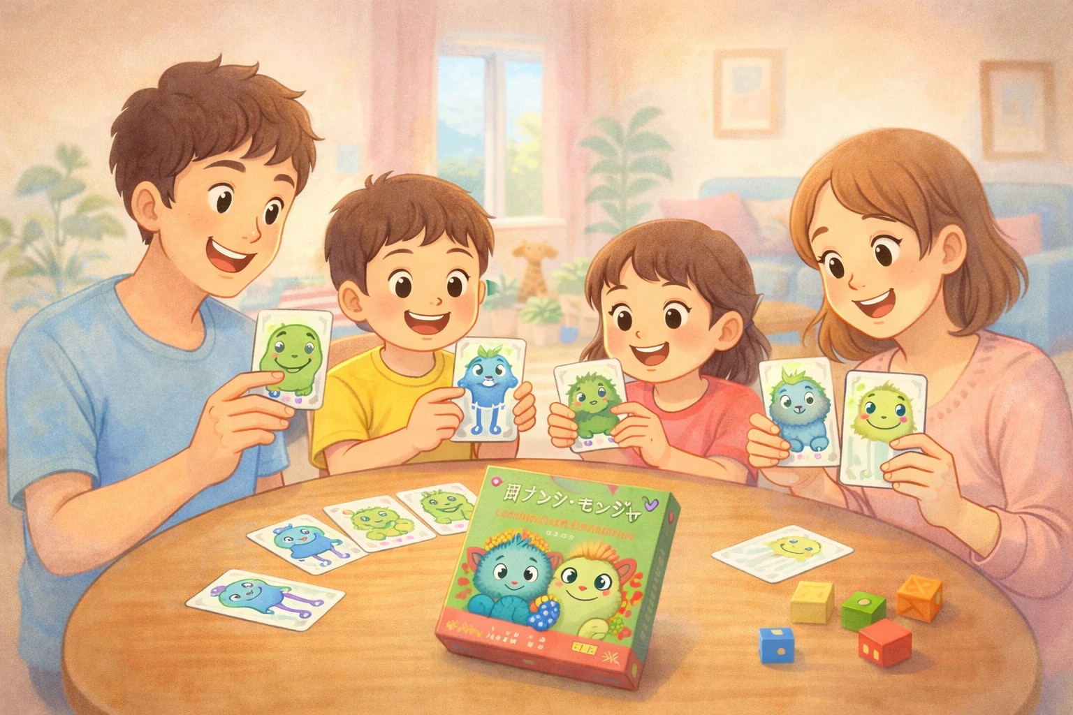 家族でナンジャモンジャのカードを見せ合いながら笑顔でボードゲームを楽しんでいるイラスト
