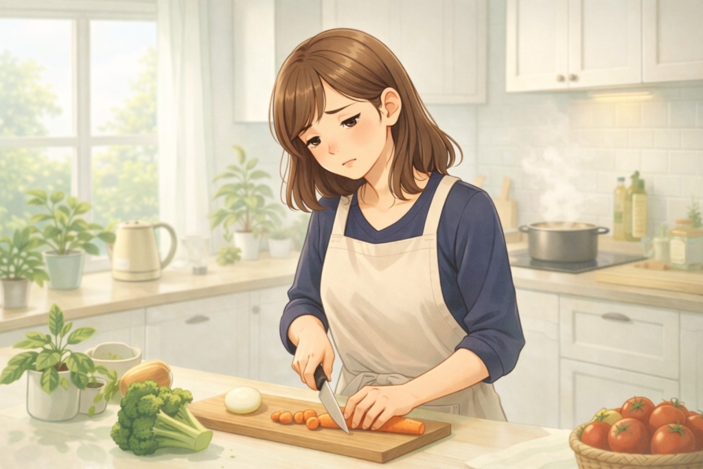 キッチンで料理の下ごしらえをしながら疲れた表情をしているママのイラスト