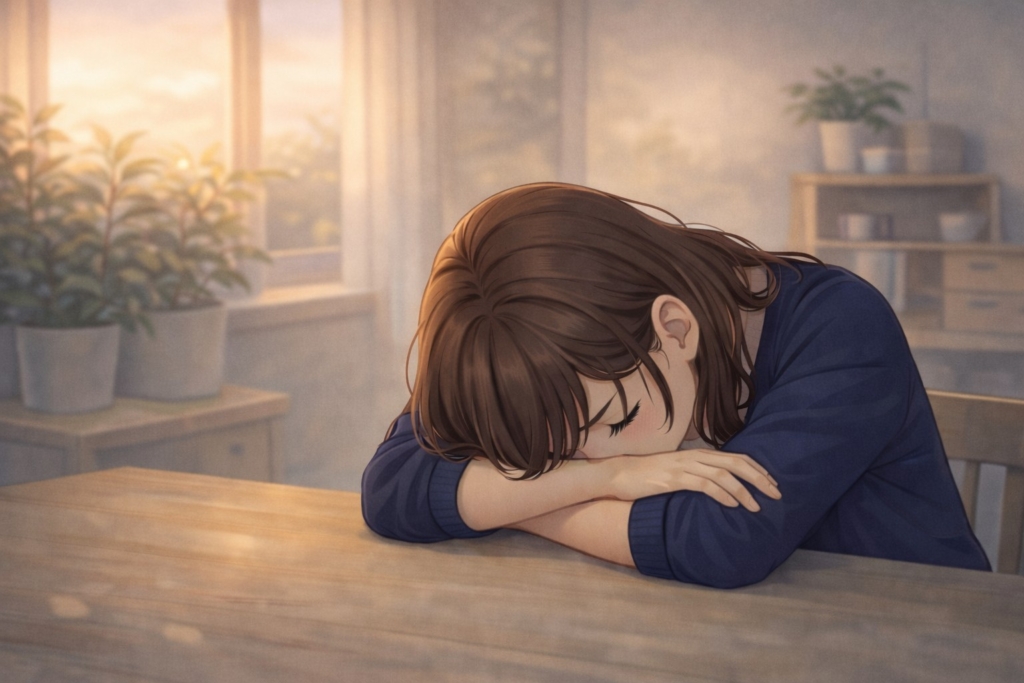 鉄分不足によるだるさを感じて夕方のダイニングテーブルに突っ伏すママのイラスト