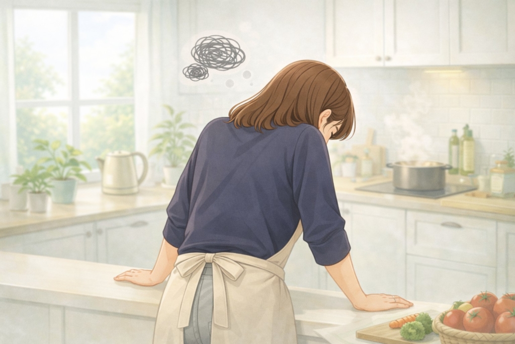キッチンで台に手をついて休む後ろ姿のママが、鉄分不足による疲れを感じている様子のイラスト