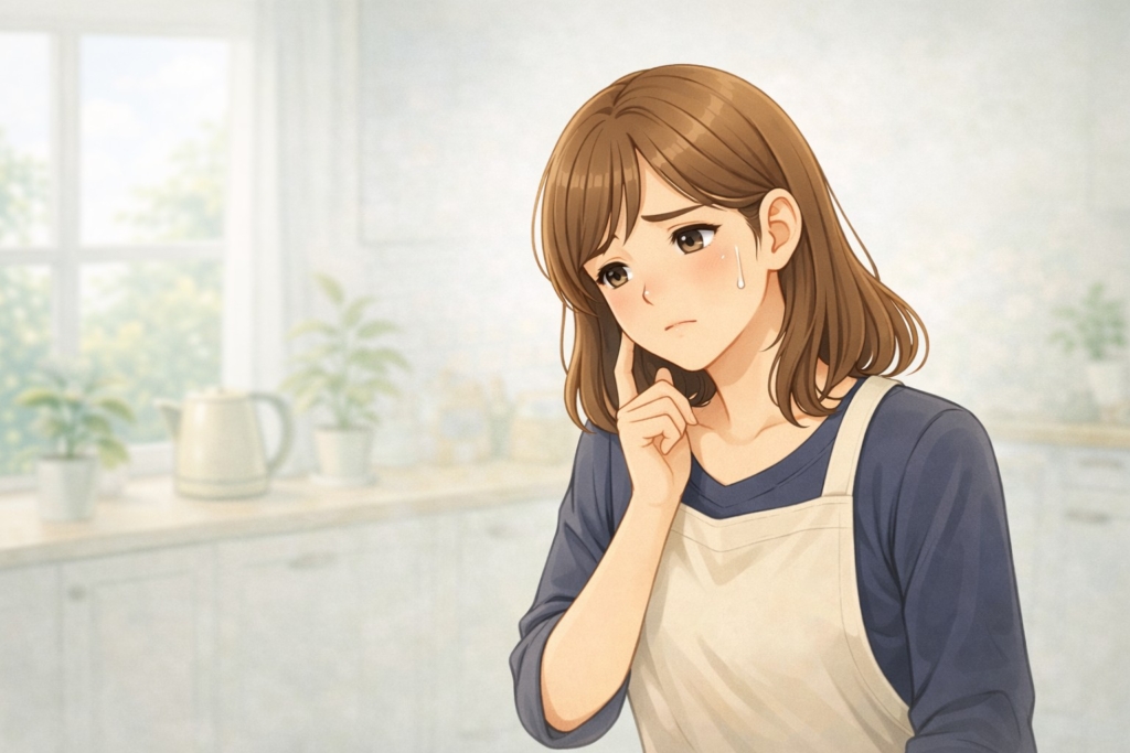 鉄分不足かもしれないと不調を感じて悩むママがキッチンで考えている様子のイラスト