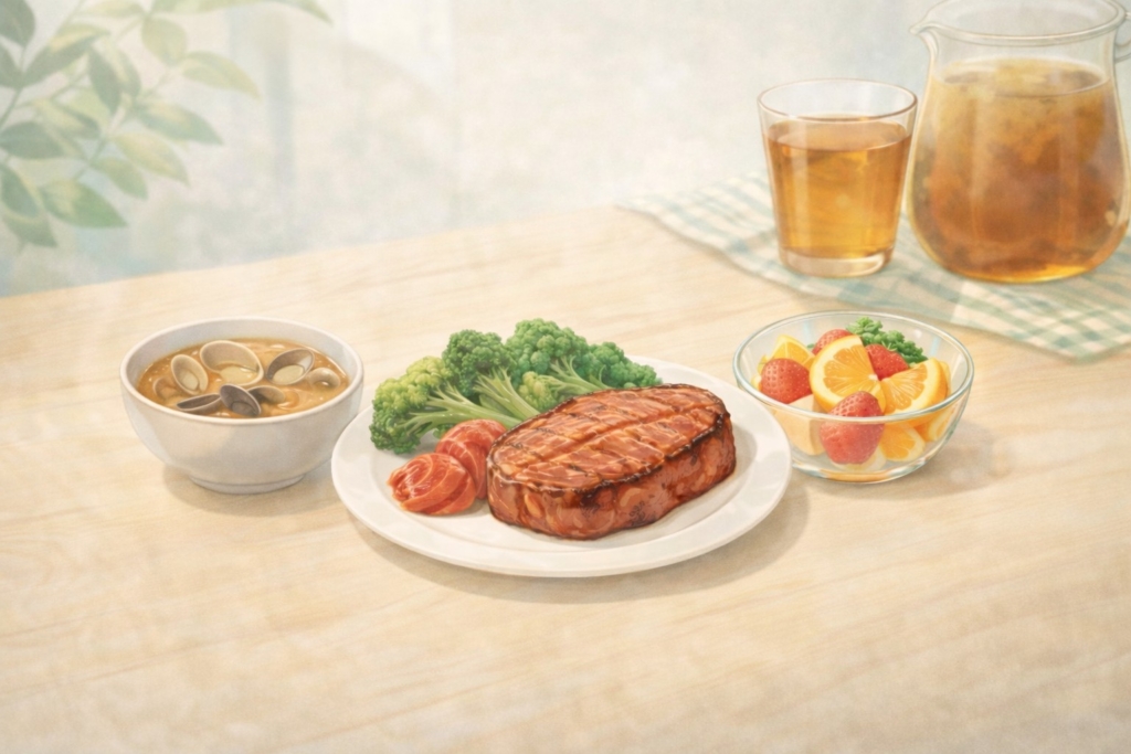 鉄分を意識した赤身肉と副菜が並ぶ、バランスの良い食事のイラスト