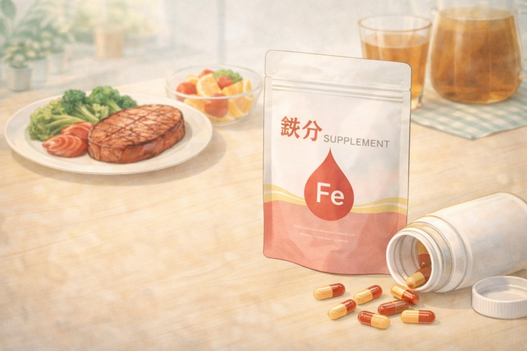 食事にプラスして鉄分サプリを取り入れる選択肢をイメージしたイラスト