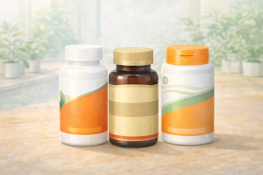 ママ向けに選びやすい3種類の鉄分サプリをイメージしたボトルのイラスト