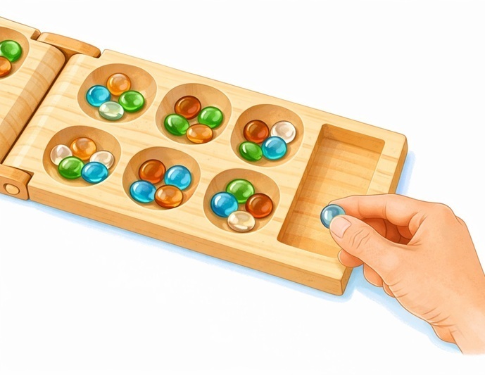 木製のマンカラボードでカラフルな石を動かして遊んでいる手元のイラスト