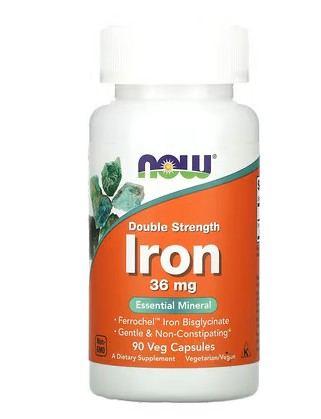 NOW Foodsの鉄分サプリ36mg入りベジカプセルボトルの正面画像