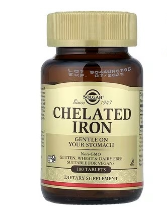 Solgarのキレート鉄タブレット入り茶色ボトルの正面画像