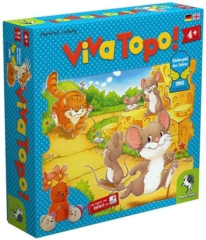 ネズミを捕まえないように進むボードゲーム「Viva Topo!」のパッケージ
