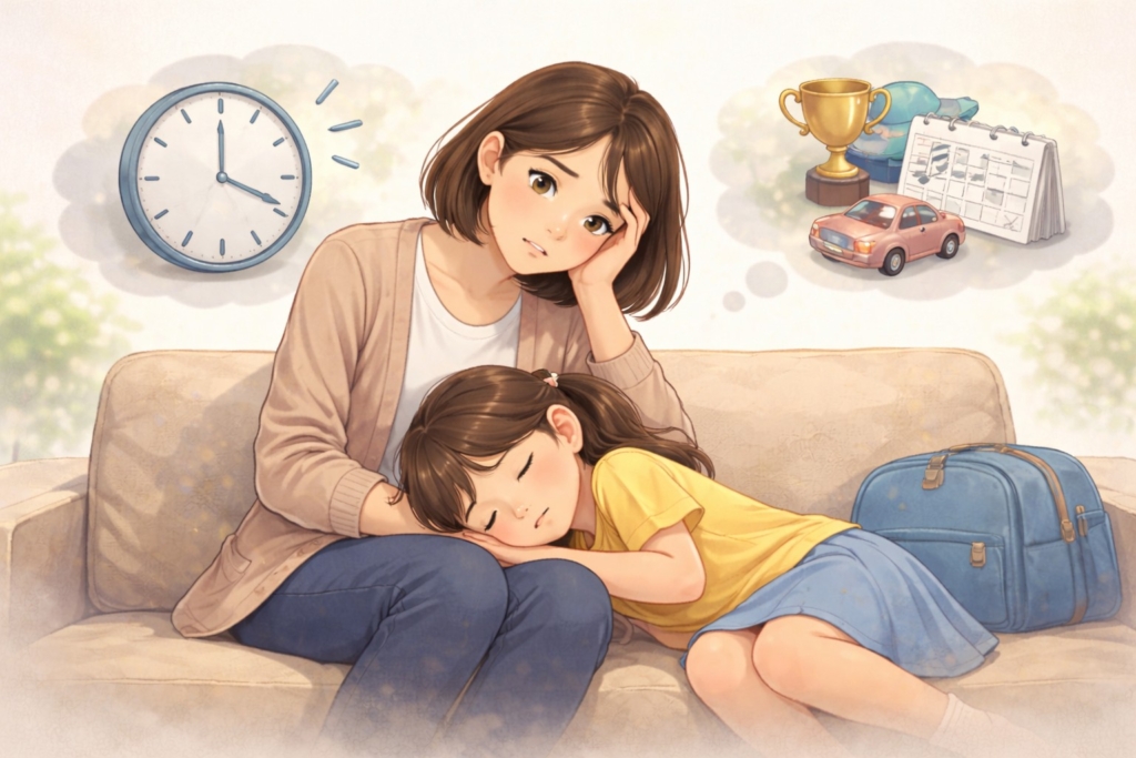 習い事で疲れて眠ってしまった子どもを心配する母親の様子
