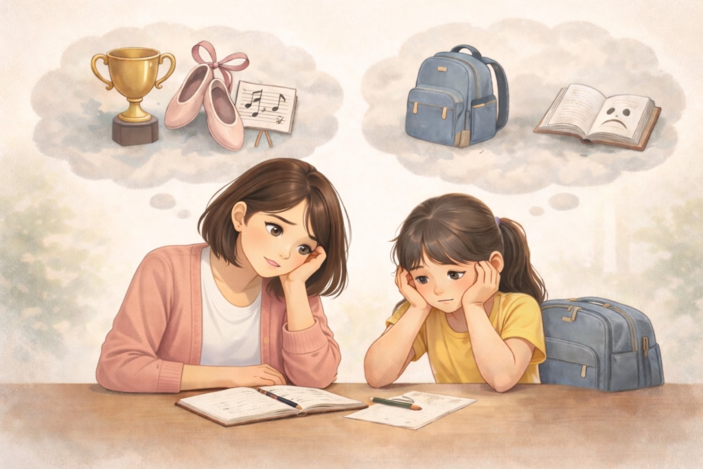 習い事を続けるかやめるか悩む親子の様子