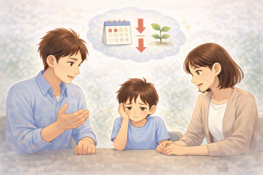 習い事を続けるか見直すかを家族で相談しているイラスト