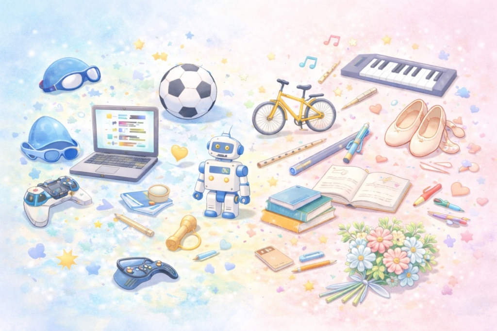 性別にとらわれず小学生の習い事を表現したイメージ（サッカー・ピアノ・勉強などが混在）