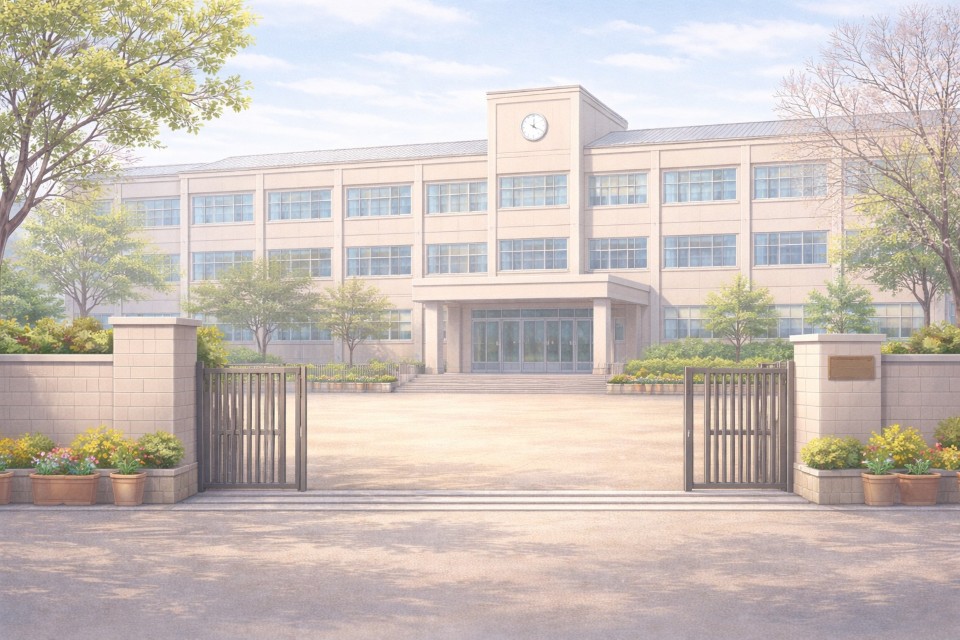 小学校の校舎を描いた卒業式をイメージしたイラスト