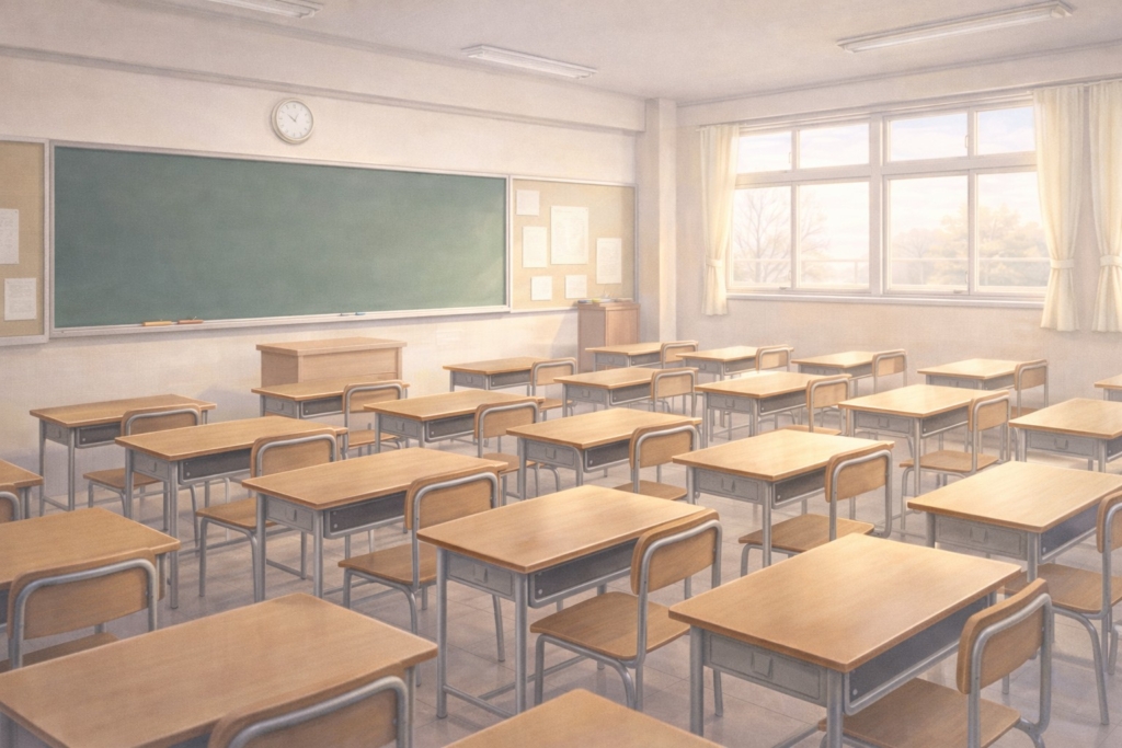 卒業式後の静かな小学校の教室を描いたイメージイラスト