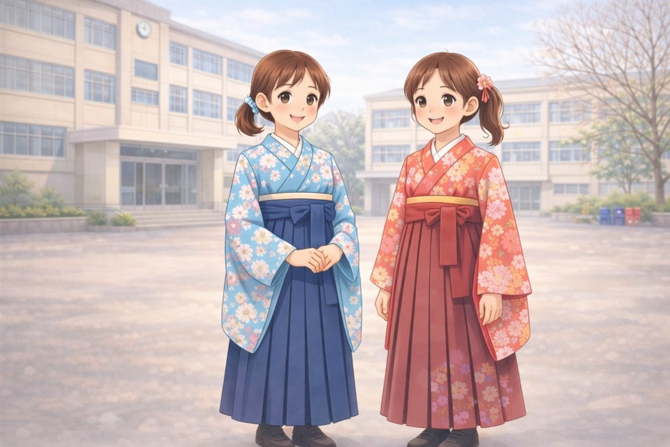 小学校の卒業式で袴を着た女の子2人のイラスト