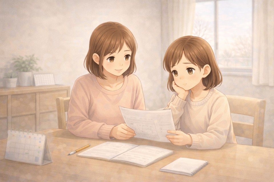 卒業式の服装について親子で確認や準備をしている様子のイラスト