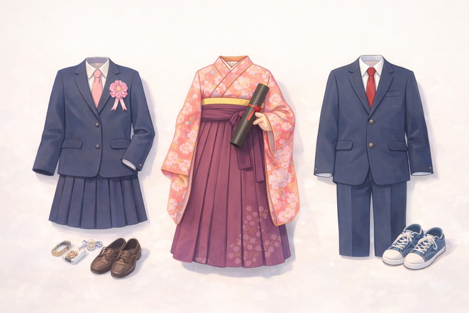 小学校の卒業式で選ばれるスーツ・袴・中学校の制服を比較したイラスト