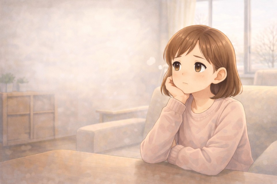 卒業式の服装について考え込む小学生の女の子のイラスト